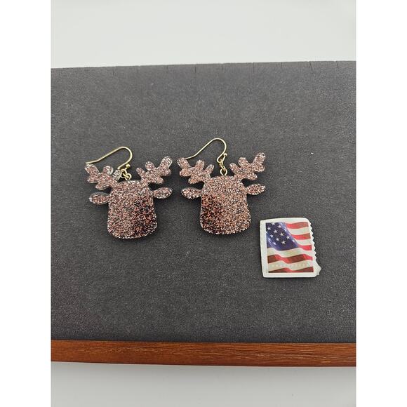 Glitter Silver Tone Mirror Reindeer Earrings Hook Style Dangle Drop Christmas - Picture 4 of 4